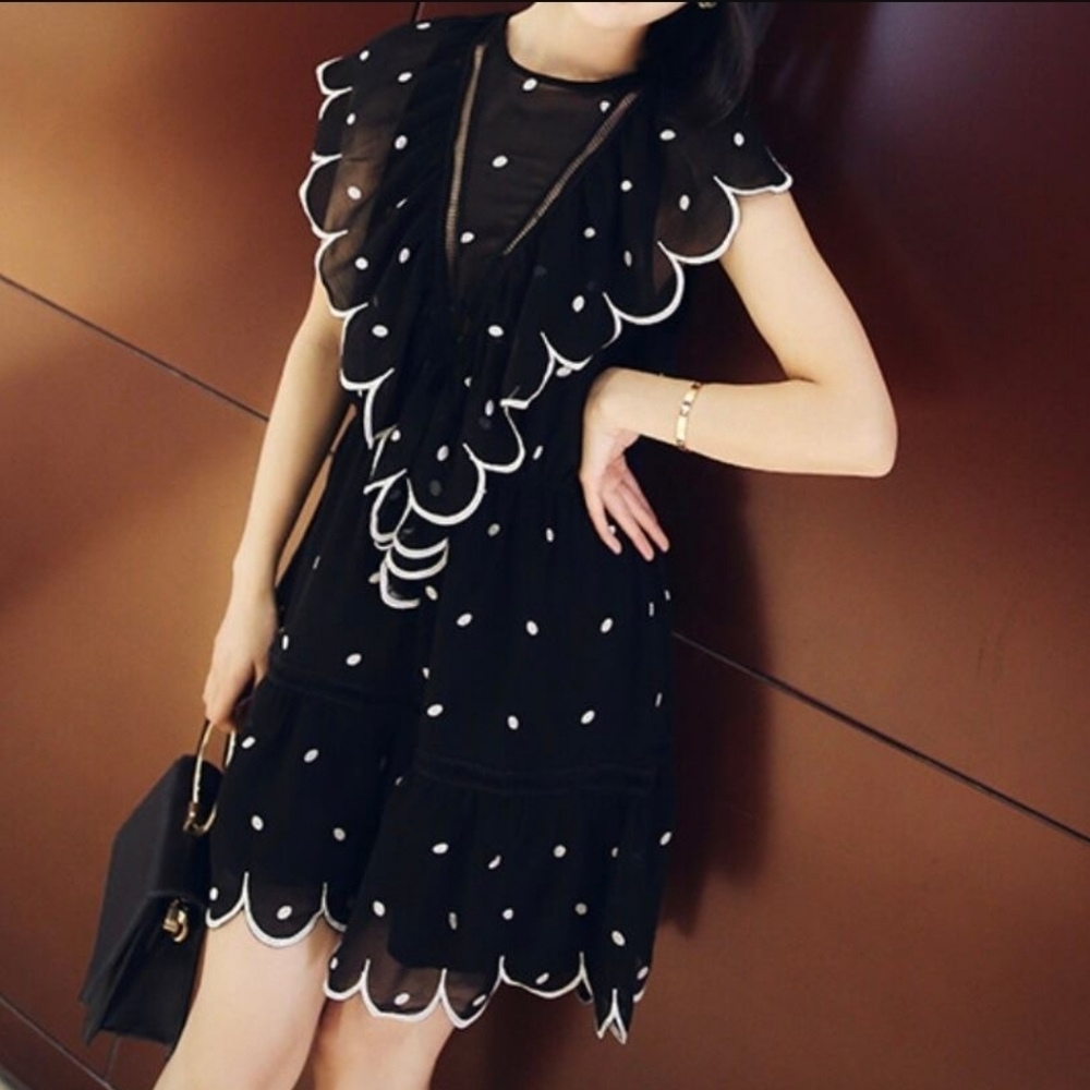 3.1 Phillip Lim Black Silk Sheer Lattice Trim Pokadot A-line Dress Women 38/US 6